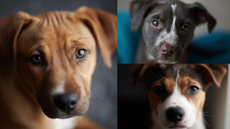 Three adorable puppies with expressive eyes in a cozy indoor setting during the morning lightの素材