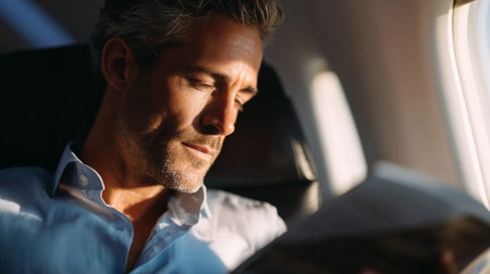 Man enjoys quiet moment reading a magazine on an airplane in bright sunlightの素材