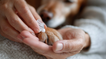 Caring for a dogs paw with soft ointment in a cozy indoor settingの素材
