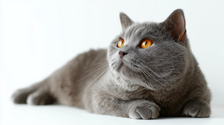 Grey cat with striking orange eyes relaxing on a clean white backgroundの素材