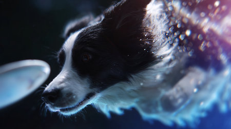 Dog swimming underwater to catch a flying frisbee in a clear poolの素材