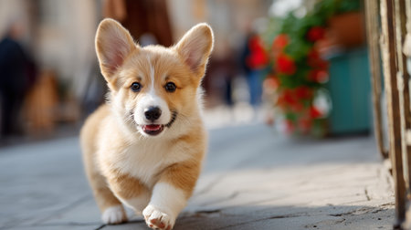 Happy corgi puppy runs along a sunny street filled with colorful flowersの素材