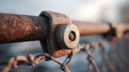 Close-up of a rusty bolt fastening a chain link fence at duskの素材