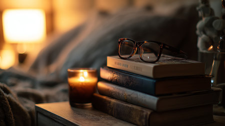 Cozy evening with books and candlelight in a warm bedroom settingの素材
