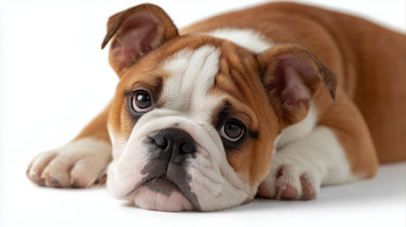 Cute bulldog puppy relaxing on a white background during a calm afternoonの素材