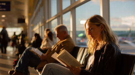 Quiet moments in an airport as travelers read books during sunsetの素材