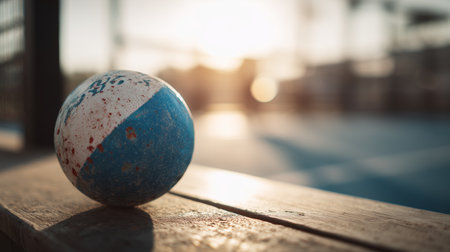 Colorful ball rests on wooden bench at sunset near sports courtの素材
