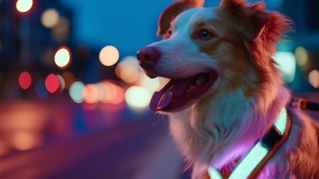 Dog with glowing harness enjoys evening walk in city streets during nighttimeの素材