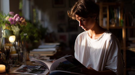 Young woman reading a magazine in a cozy, sunlit room filled with plants and art suppliesの素材