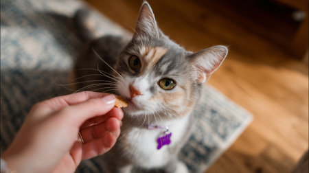 Cat enjoys treat from owner while sitting on a cozy rug indoorsの素材