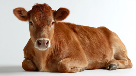 Young calf resting on a plain background in a studio setting with soft lightingの素材