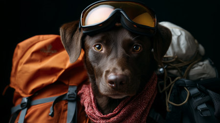 Dog in outdoor gear ready for an adventure in the mountains with backpack and gogglesの素材