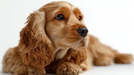 Cocker spaniel resting with gentle expression in bright indoor spaceの素材