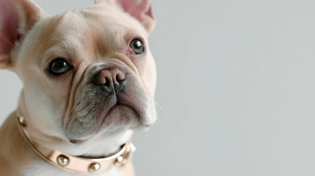 Cute dog with stylish collar posing against light background in a cozy indoor settingの素材