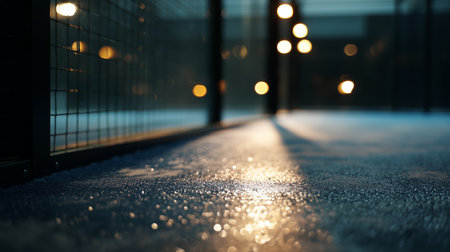 Evening light reflecting on a wet surface in a quiet urban settingの素材