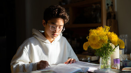 Young student studying at home with sunlight and flowers in the backgroundの素材