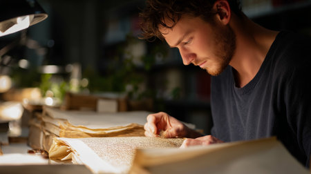 Young man studying ancient manuscripts in a dimly lit library settingの素材