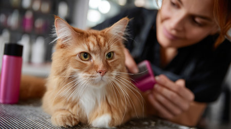 Grooming a fluffy orange cat in a pet salon setting during the daytimeの素材