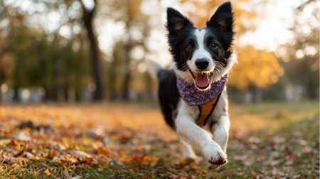 Happy dog running in a park during autumn sunset with colorful leaves on the groundの素材