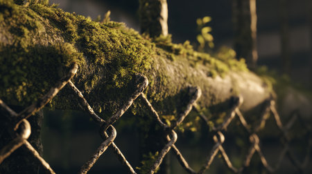 Rusty fence covered in moss during golden hour in an overgrown gardenの素材