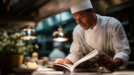 Chef reviewing culinary techniques in a professional kitchen settingの素材
