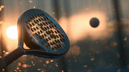 Sunset paddle tennis action captured with flying ball and glowing racketの素材