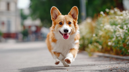 Corgi runs joyfully through a sunny park in the early afternoon hoursの素材