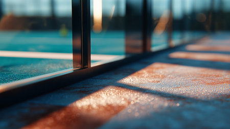Reflection of sunlight through glass on a quiet tennis court during eveningの素材