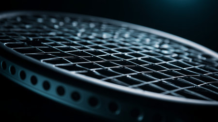 Close-up view of a tennis racket showing detailed strings and frame design during practice sessionの素材