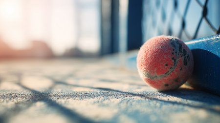 Tennis ball resting near a blue fence with shadows on the court surface during sunsetの素材