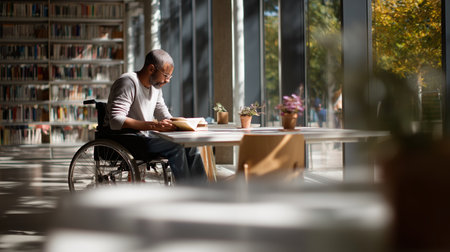 Man in wheelchair reading a book in a bright library during daytimeの素材