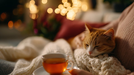 Cozy evening with a cat and a warm cup of tea during the winter seasonの素材