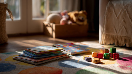 Colorful play area with childrens books and toys on a sunny dayの素材