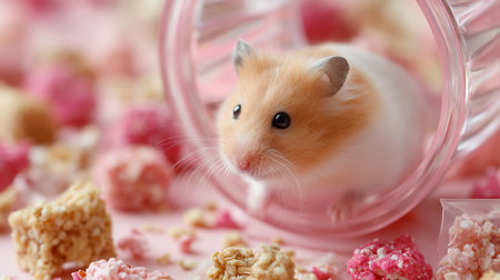 Cute hamster exploring its colorful surroundings during playtime at homeの素材
