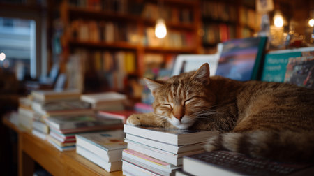 Cat resting on books in a cozy bookstore during daytime hoursの素材