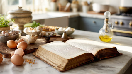 Cookbook open on a kitchen counter with ingredients and utensils in a bright, cozy settingの素材