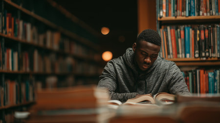 Focused student studying in a quiet library during evening hoursの素材