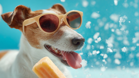 Dog enjoys popsicle on a sunny day while wearing sunglassesの素材