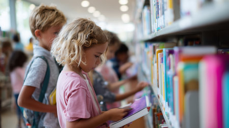 Children exploring books in a library during a sunny afternoonの素材
