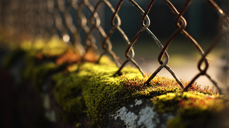 Sunlight highlights green moss on a rusty fence in a quiet outdoor settingの素材
