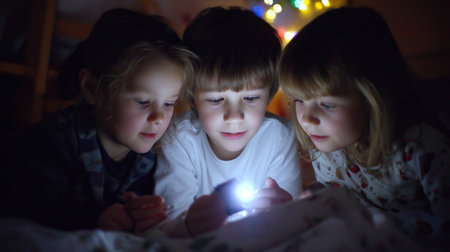 Three children exploring a mobile device in a cozy, dimly lit room during night timeの素材