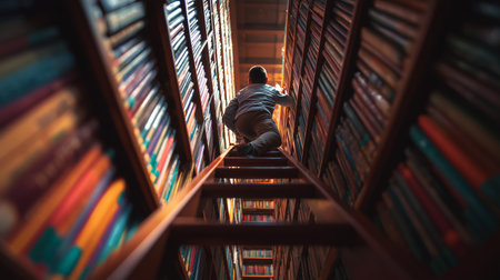 Person climbing ladder in library surrounded by colorful books during daylightの素材