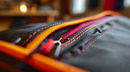 Close-up view of a backpack zipper highlighting design and color details in a cozy indoor settingの素材