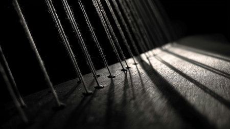Strings and shadows create a striking visual on a wooden surface in a dimly lit roomの素材