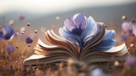 Open book with a blue flower emerging in a natural setting during a sunny dayの素材