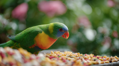 Colorful parrot enjoying food in a vibrant garden setting during daytimeの素材