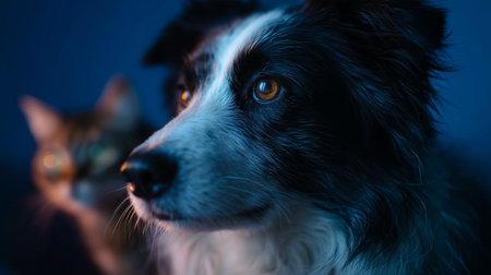 Close-up of a dog looking curiously while a cat is in the background during evening lightの素材