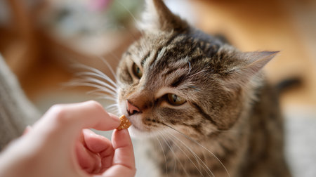 Cat enjoying a tasty treat during a cozy indoor moment with a personの素材