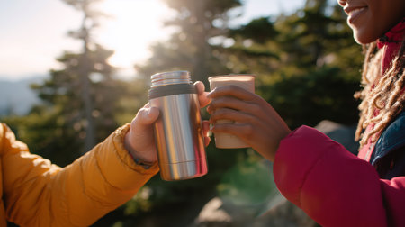 Couple enjoys a warm drink while hiking in the mountains during sunsetの素材