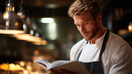 Chef concentrating on recipes in a busy restaurant kitchen during evening serviceの素材
